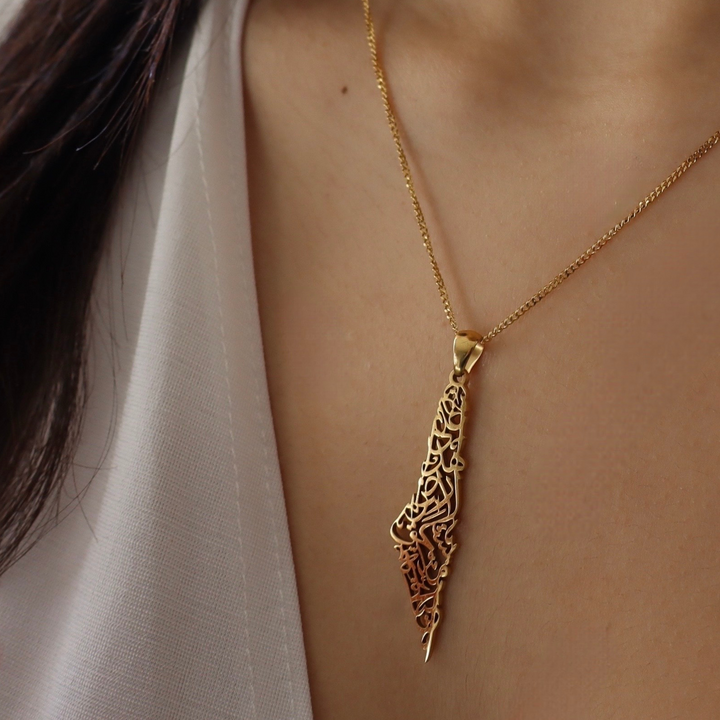 Palestine Calligraphy Map Necklace